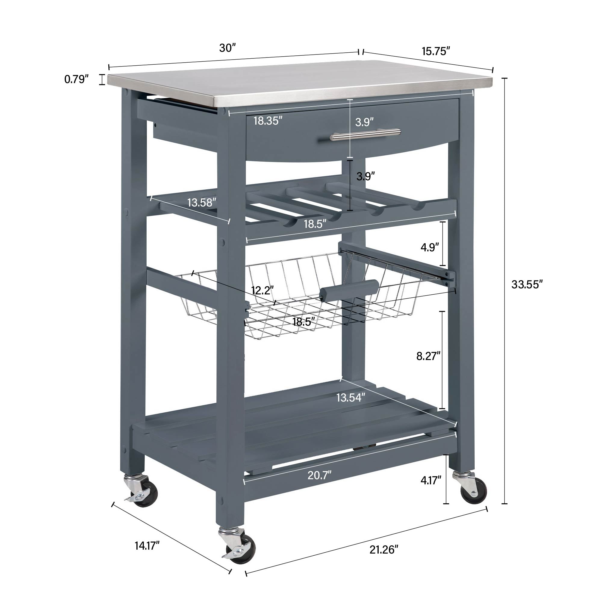 Mobile Rolling Kitchen Island Trolley Serving Cart With Underneath Drawer & Slide-Out Wire Storage Basket_voghion.com
